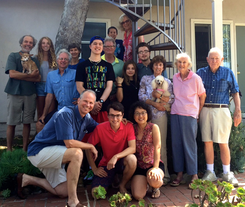 The relatives all lining up and taking it the magic feeling of summertime in Cali. Live is fantastic! Back left to right: Peter holding Rocky, Kylie, Tripp, Stefanie, Frankie, Drew, Ian, Janet, Kate, Sam, Carol holding Cici, Jackie, and Sandy. Front: Chuck, Joe, and Judith. photo by Jada