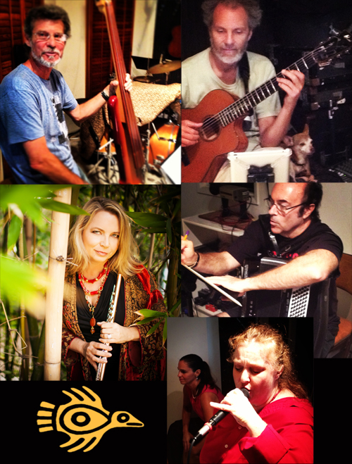 Rehearsing the Latin grooves with (left to right clockwise) Gunnar, Peter, Lou, Coral and Monette, and Beth.