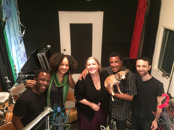Singing for their super at SpragueLand! (left to right) Leonard Patton, Rebecca Jade, Amber Whitlock, Leonard Tucker (with Rocky who barked beautifully), and pianist Danny Green.